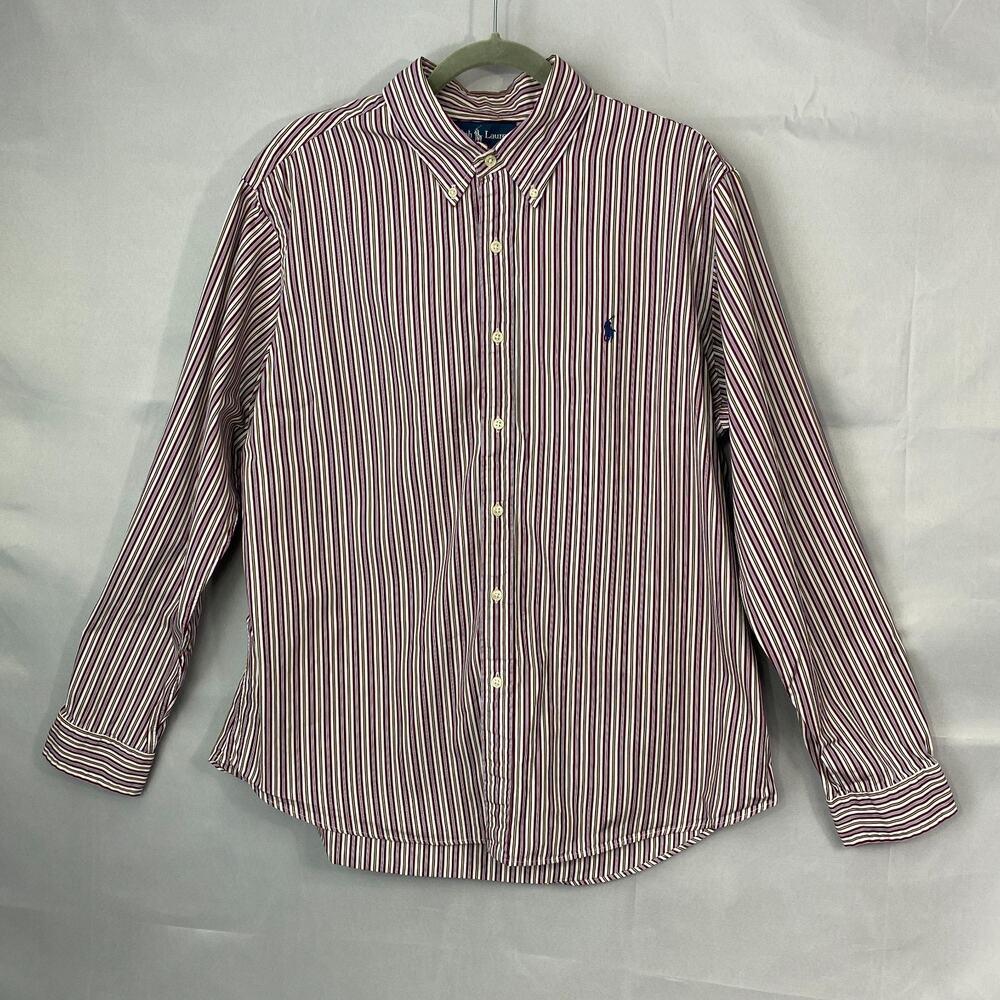 Ralph Lauren Shirt Men XL Custom Fit Striped Maroon White Yellow Blue Label Pony
